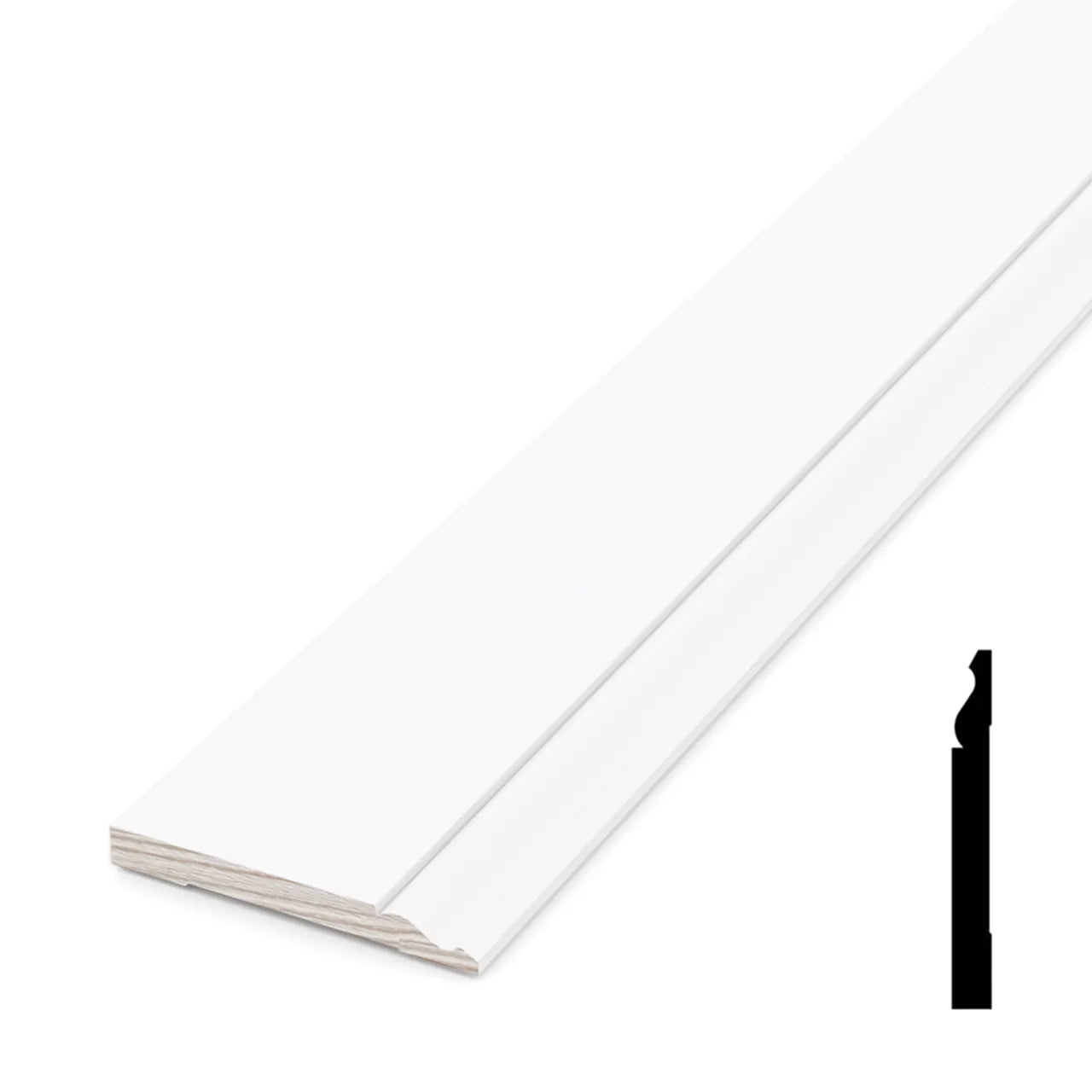 The Go Build 9/16 in. x 5-1/4 in. x 192 in. Primed Pine Baseboard features a white, subtly grooved profile, shown angled next to a black side-profile diagram.
